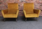Vintage Italian Ochre Cotton Velvet and Brass Lounge Chairs - Image 2