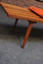 Mid-Century Modern Slat Oak Bench / Coffee Table with Tapered Legs and Cushion - Image 5