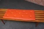 Mid-Century Modern Slat Oak Bench / Coffee Table with Tapered Legs and Cushion - Image 11