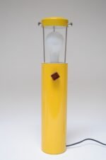 Mid-Century Yellow Cylindrical Lantern Table Lamp with Three-Way Walnut Switch - Image 2