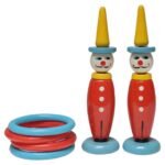 Pair of Vintage French Painted Wooden "Clown" Skittles / Ring Toss Stands with Rings