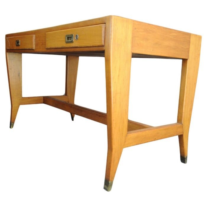 Vintage Gio Ponti BNL Writing Table / Desk in Italian Walnut, Beech and Brass