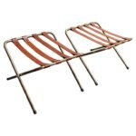 Pair of Vintage Italian Leather and Brass Foldable Portavaligie / Luggage Stands