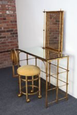 Hollywood Regency Gilt Metal Rope-Tied Mirrored Vanity with Chair on Casters - Image 3