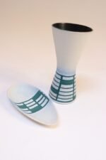 Vintage German Ceramic Diabolo Vase and Dish Set in Teal and White by Steuler - Image 2