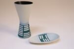 Vintage German Ceramic Diabolo Vase and Dish Set in Teal and White by Steuler - Image 3