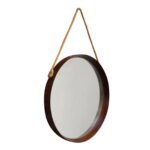 Italian Modernist Round Walnut Wall Mirror with Rope Strap and Brass Accents