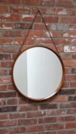 Vintage Italian Round Maple Wall Mirror with Original Leather Strap - Image 4