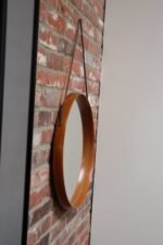 Vintage Italian Round Maple Wall Mirror with Original Leather Strap - Image 6