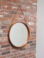 Vintage Italian Round Maple Wall Mirror with Original Leather Strap - Image 2