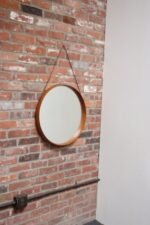 Vintage Italian Round Maple Wall Mirror with Original Leather Strap - Image 3