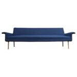 Vintage Italian Modernist Sculptural Sofa in Blue Tweed with Brass Tapered Legs