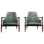 Pair of Scandinavian Modern Sculptural Walnut and Leather Petite Lounge Chairs