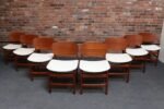 Set of Eight Italian Modern Shell Dining Chairs in Teak and Bouclé by Saporiti - Image 2