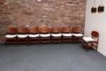 Set of Eight Italian Modern Shell Dining Chairs in Teak and Bouclé by Saporiti - Image 5