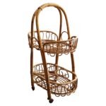 Vintage Italian Oval Bar Cart / Trolley on Caster Wheels in Bamboo and Rattan