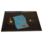 Large Mid-Century Black Resin Tray with Inlaid Sailboats and Lighthouse Motif