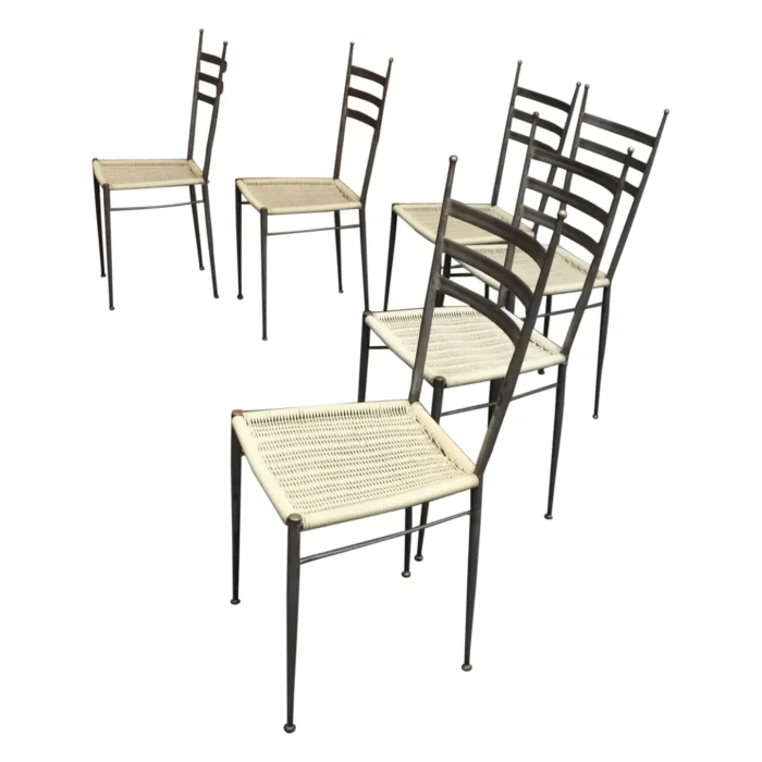 Set of Six Italian Modernist Steel and Brass Dining Chairs After Gio Ponti