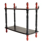 Vintage Diminutive Black Lacquered Table or Wall Shelf with Carved Red Finials