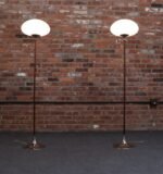 Pair of Chrome Laurel Floor Lamps with Frosted Mushroom Shades and Walnut Stems - Image 5
