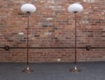 Pair of Chrome Laurel Floor Lamps with Frosted Mushroom Shades and Walnut Stems - Image 3