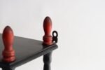 Vintage Diminutive Black Lacquered Table or Wall Shelf with Carved Red Finials - Image 17