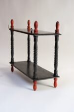 Vintage Diminutive Black Lacquered Table or Wall Shelf with Carved Red Finials - Image 2