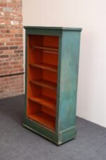 American Folk Art Painted Pine Teal Bookcase on Casters with Removable Shelves - Image 4
