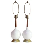 Pair of Vintage Orb Vasiform White Porcelain Ceramic and Walnut Table Lamps