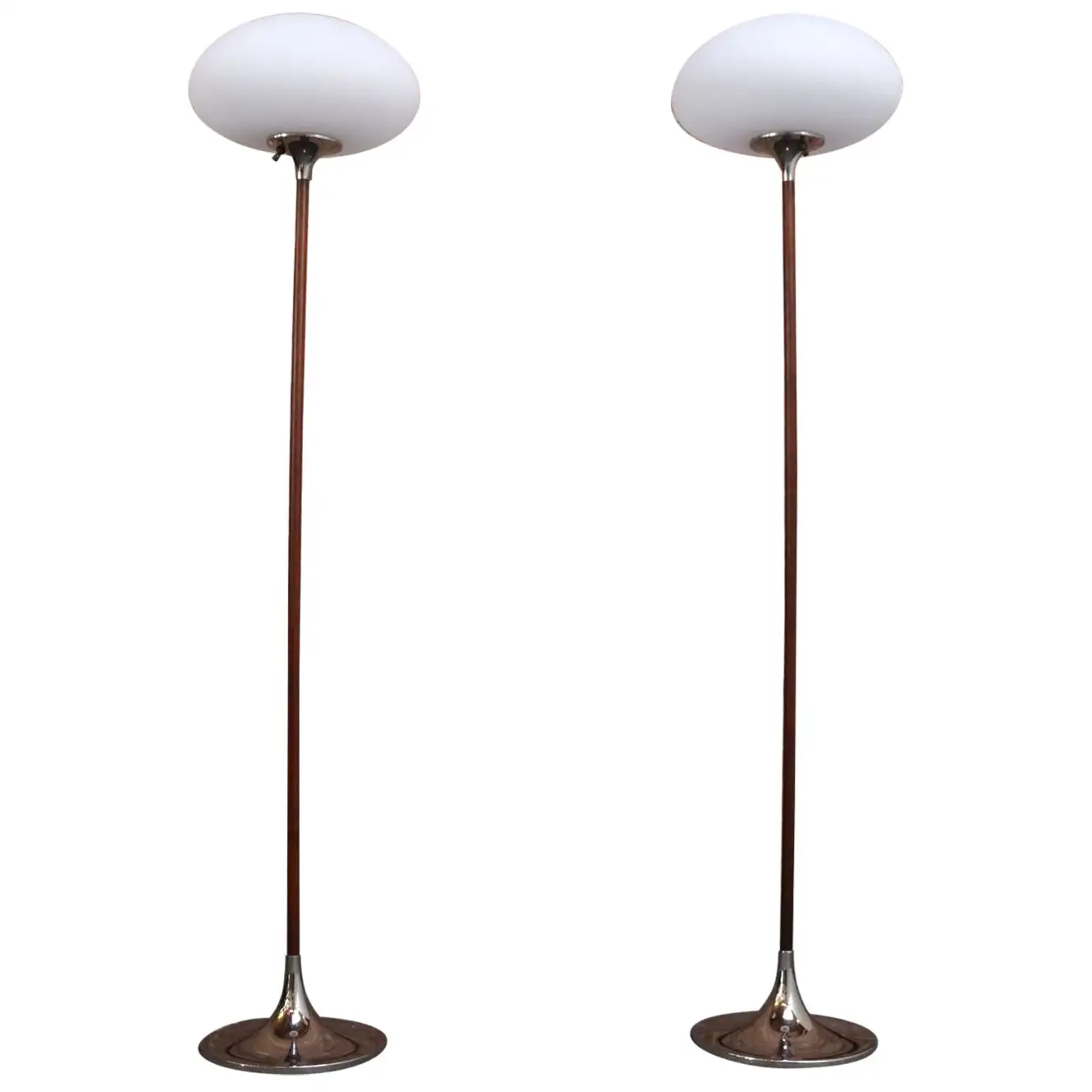 1 Pair of Chrome Laurel Floor Lamps with Frosted Mushroom Shades and Walnut Stems - Image 1