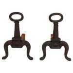 Pair of Petite Arts and Crafts Cast Iron Key Hole Andirons / Fire Dogs