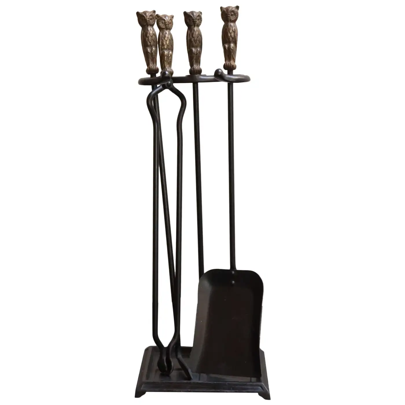 1 Early 20th Century Iron Fire Tool Set with Cast Brass Owl Form Handles - Image 1