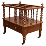 Vintage Victorian Figured Walnut Canterbury Magazine Rack on Casters with Drawer