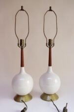 Pair of Vintage Orb Vasiform White Porcelain Ceramic and Walnut Table Lamps - Image 2