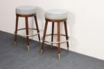 Pair of Mid-Century Modern Walnut and Brass Bar Stools with New Leather Seats - Image 3
