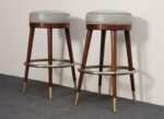 Pair of Mid-Century Modern Walnut and Brass Bar Stools with New Leather Seats - Image 5