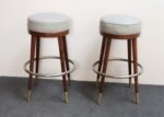 Pair of Mid-Century Modern Walnut and Brass Bar Stools with New Leather Seats - Image 8
