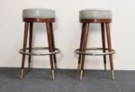 Pair of Mid-Century Modern Walnut and Brass Bar Stools with New Leather Seats - Image 2