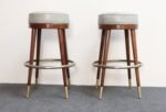 Pair of Mid-Century Modern Walnut and Brass Bar Stools with New Leather Seats - Image 9