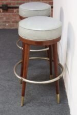 Pair of Mid-Century Modern Walnut and Brass Bar Stools with New Leather Seats - Image 10