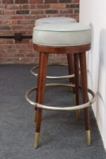 Pair of Mid-Century Modern Walnut and Brass Bar Stools with New Leather Seats - Image 11