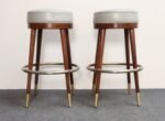 Pair of Mid-Century Modern Walnut and Brass Bar Stools with New Leather Seats - Image 6