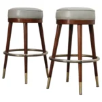 Pair of Mid-Century Modern Walnut and Brass Bar Stools with New Leather Seats