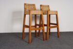 Pair of Vintage Mexican Modern Pine and Woven Palm Bar Stools by Muebles Austin - Image 4