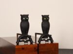Vintage Cast Iron Perched Owl Andirons with Blue Green Glass Eyes - Image 2