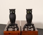 Vintage Cast Iron Perched Owl Andirons with Blue Green Glass Eyes - Image 4