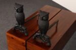 Vintage Cast Iron Perched Owl Andirons with Blue Green Glass Eyes - Image 5