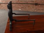 Vintage Cast Iron Perched Owl Andirons with Blue Green Glass Eyes - Image 7