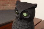 Vintage Cast Iron Perched Owl Andirons with Blue Green Glass Eyes - Image 15