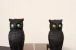 Vintage Cast Iron Perched Owl Andirons with Blue Green Glass Eyes - Image 13